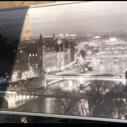 Large Vishault print of Paris canals and the Eiffel Tower, Artist Jean-Marc Charles 55” x 39.5”