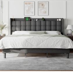 King Bedframe & Headboard With Charging Station Dark Grey 