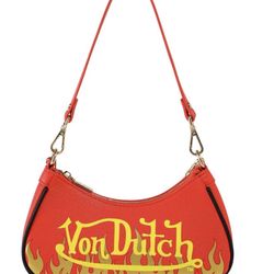NWT Von Dutch Red And Yellow Flames Shoulder Bag With Gold Chain Bag Charm