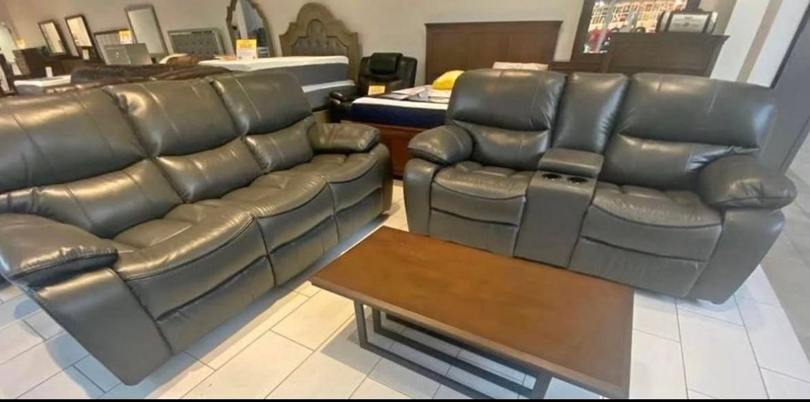 Black Friday sale now. Madrid, gray leather reclining sofa and loveseat set only $1299. Easy finance option. Same day delivery.