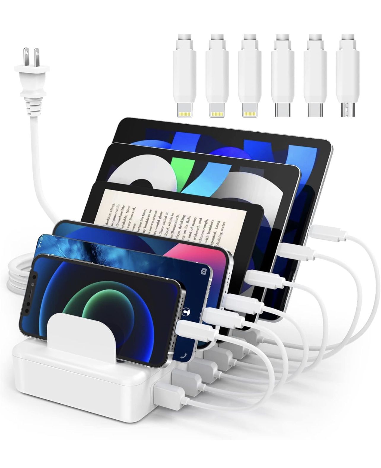 50W 6 Ports USB Charging Station Organizer with 6 Cables Compatible with Cellphone, Tablet, Kindle, and Other Electronic (White)