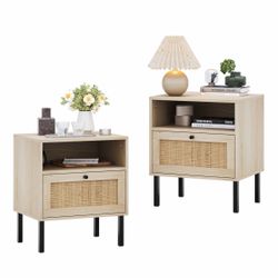 Nightstand Set 2, Bedside Table with Open Shelf and Door, Boho End Table (Set of 2)