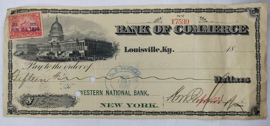 Antique Canceled Check 1899 Louisville Kentucky Bank Of Commerce $15