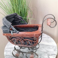 $15  Vintage 10" Wood, Metal, Wicker Victorian Style Stroller Pham Planter. Wheels Turn.