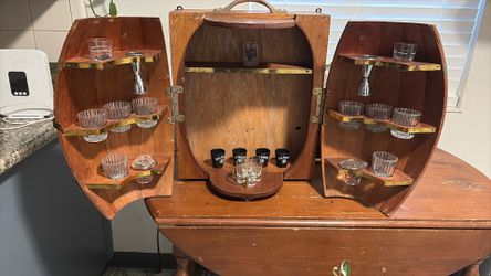 1950’s-1960’s Mid-Century Oak Barrel Wall Hanging Bar Cabinet