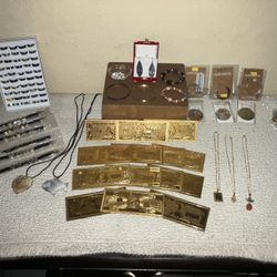 JEWELRY MIXED LOT- RINGS, BRACELETS, EARRINGS, NECKLACES, GOLD BANK NOTES, GEMS!