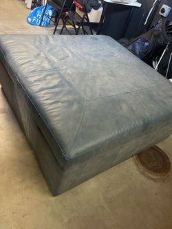 Large Square Blue Leather Ottoman