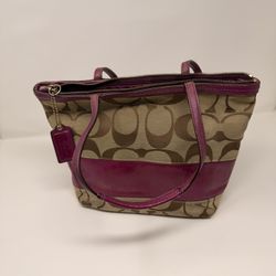 Coach Signature Berry Stripe Patent Leather Tote Shoulder Bag, Berry Red/Pinkish