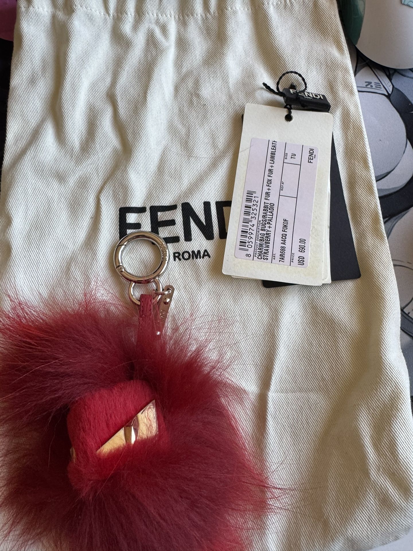 FENDI Red dyed real fur charm bag Bugs