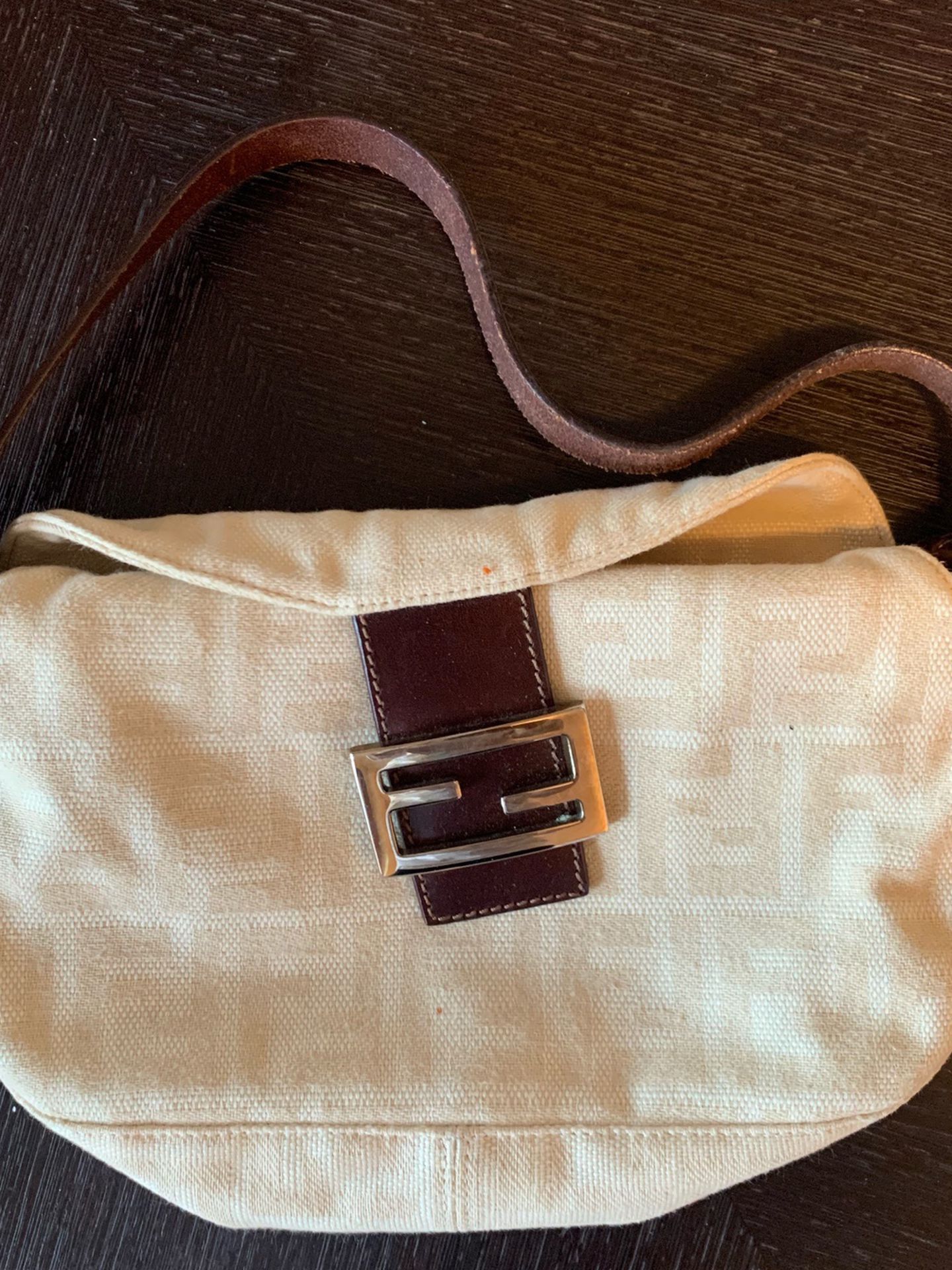 Authentic FENDI Zucca Mamma Canvas Leather Shoulder Bag (Cream White)