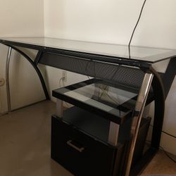 Glass And Metal Desk With Drawer