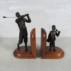 Golfer & Caddie Bronze Tone Epoxy/Resin Cast Vintage Bookends
