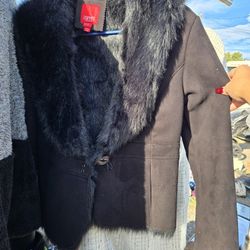 Esprit Outerwear Women's Suede Faux Fur Trim Jacket/blazer Size MediunBlack