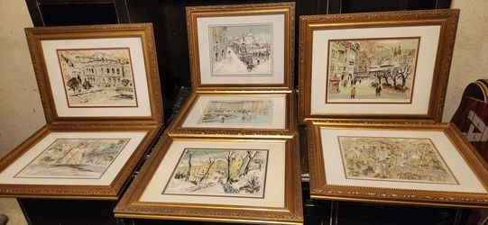 Vintage Water Color Artwork Set Gold Frames