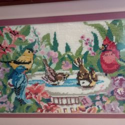 Vintage Birds Birdbath Flowers Plants Garden Needlepoint Crossstitch Crewel Embroidery Art Arts & Crafts Framed