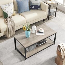 Coffee Table Tea Table with Metal Frame, Coffee Table with Open Storage Shelf, Vintage Accent Furniture Table for Living Room