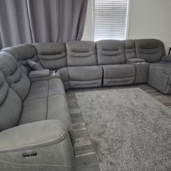 Grey U-Shaped Sectional Sofa with Recliners, Console, and Chaise