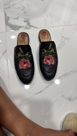 GUCCI Horse Bit Rose Black Leather Flat Loafer Mules Size 39