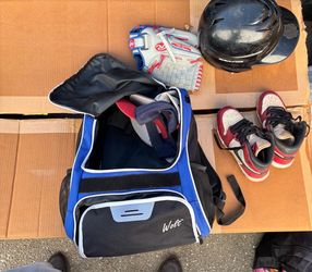 Baseball bag, baseball glove for lefty, baseball helmet , baseball cleats, batting gloves youth
