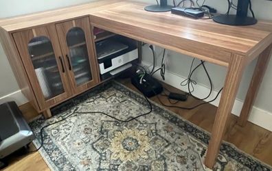 L-Shaped Wood Desk with Cabinet