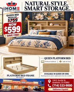 Queen Platform Bed with Bookcase Headboard