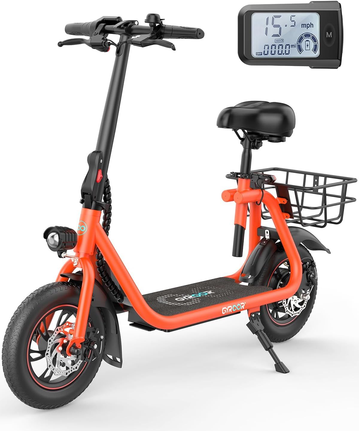 Gyroor Electric Scooter for Adults with Seat, 20/25 Miles Range 450W Motor up to 15.5/18.6 MPH Speed LCD Display, Electric Scooter with Basket Orange