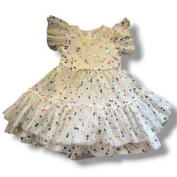 Lola + The Boys Rainbow Metallic Polka Dot Tulle Flutter Sleeve Dress - Size 6