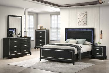 Black Queen Bedroom Set With LED Light On Headboard