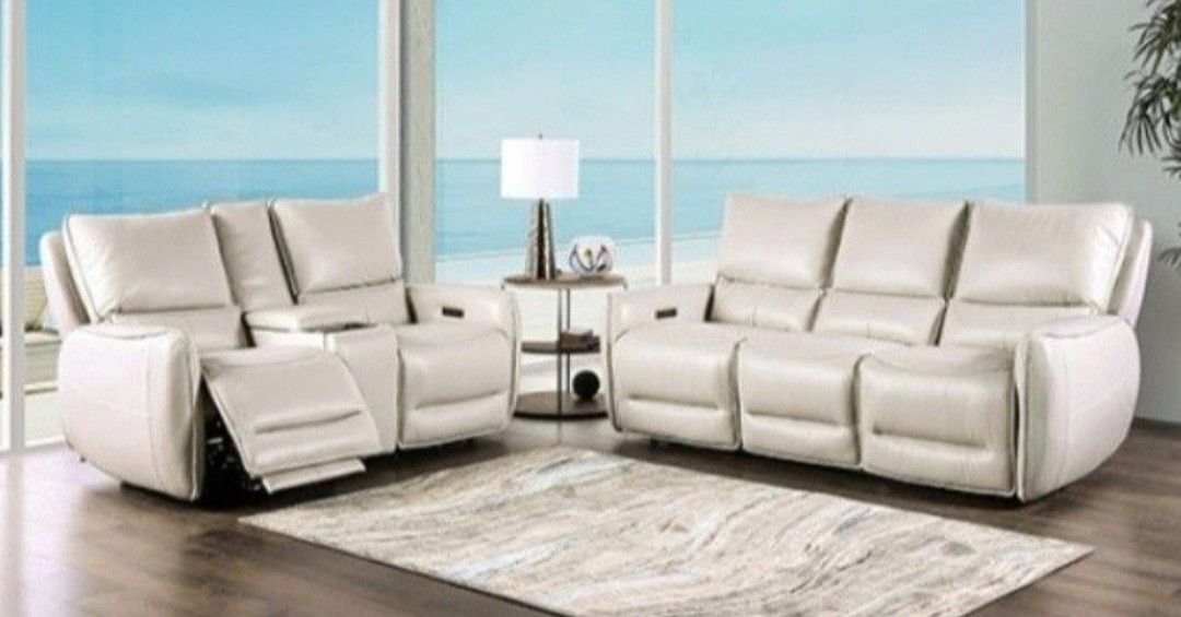 Brand New Beige Top Grain Leather Power Reclining Sofa And Love Seat