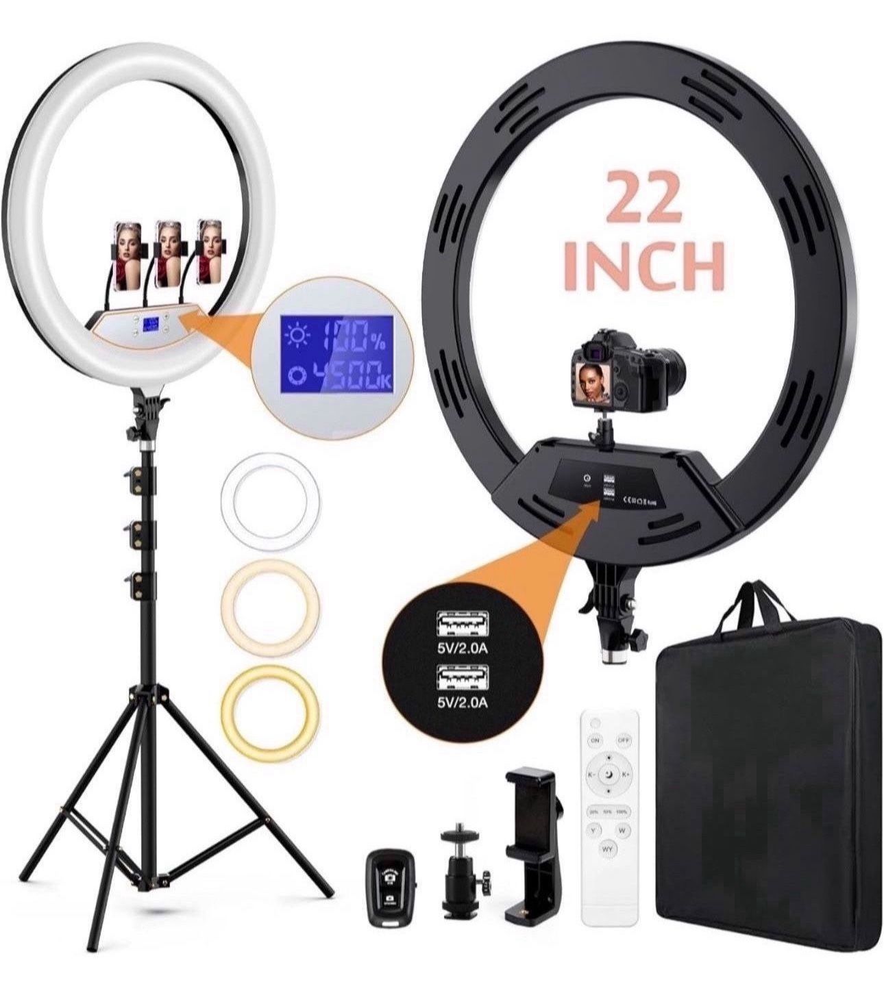 22" LED Ring Light, with 75" Tripod/LCD Display/3+1 Phone Clips/ 2 USB Ports/Wireless Remote, Adjustable 2600K-6500K Color Temperature, for YouTube Fa