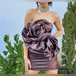 ZARA NWT Voluminous 3D Flower Metallic Bronze Strapless Dress