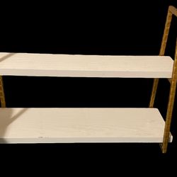 Set of 2 Small Two Tier Wood & Gold Colored Metal Shelves