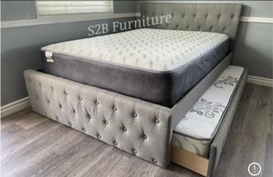 Full Twin Grey Frenchi Trundle Bed With Ortho Mattress Included