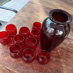Red Glass Flower Vase With 11 Small Cups Candle Holders Perfect For Valentines Holiday Christmas 