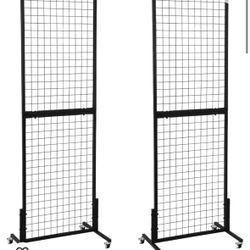 OUDUCK 2 Packs 1.8' x 5.7' Grid Wall Panels Standing Wire Grid, Display Rack with T-Base Wheels Freestanding Gridwall Panel Tower for Shows, Black