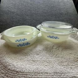Vintage Anchor Hocking Blue Cornflower Casserole Dish Set of 3 Milk Glass