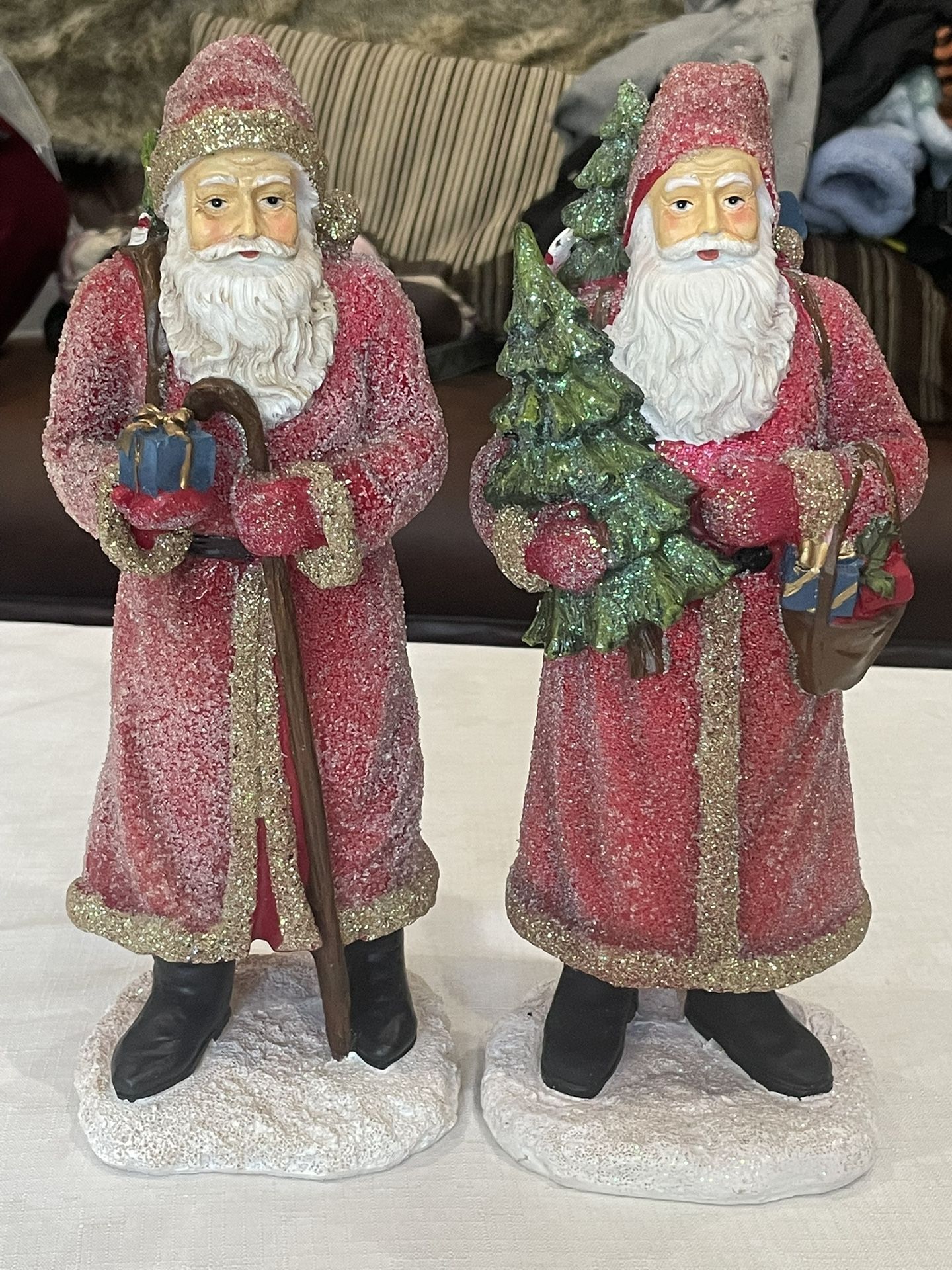 Pair Of Melrose Old World Sugar Bead Coated Santa Clause 12” Tall Figurines.