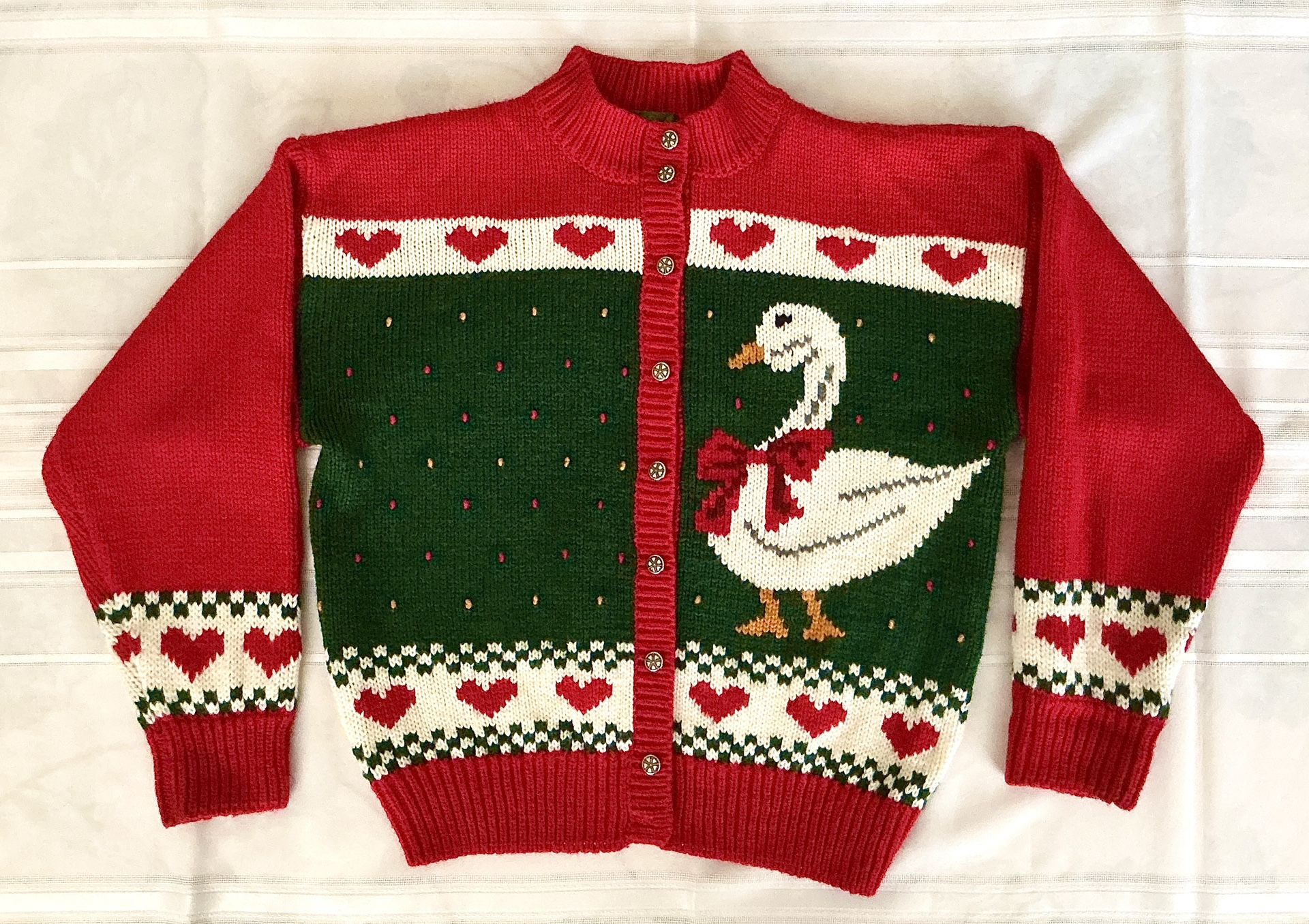 🦆❤️ VTG Robinson’s Women’s Cardigan Sweater Novelty Duck & Hearts Sz LARGE