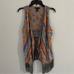 INC International Concepts Orange and Gray Fringe Vest Size M