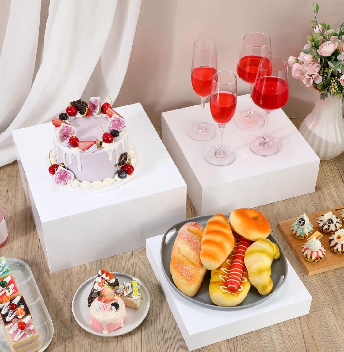 (5555-1) 3 Pcs Buffet Risers Food Risers for Buffet Table White Acrylic Food Display Risers and Stand 10" 11" 12" Display Stand Box with Hollow Bottom