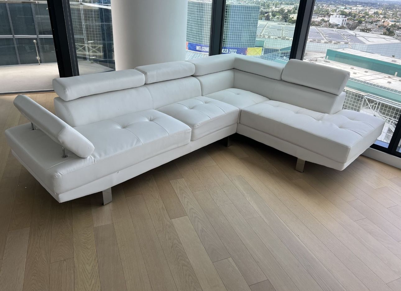 White Faux Leather Sofa Sectional With Adjustable Headrest