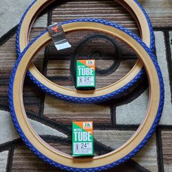 NEW Bicycle Bmx Cruiser Bike Tires 24" Blue Gumwall Knobby Pattern 