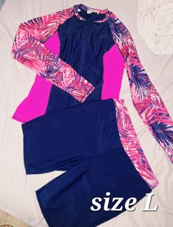 Women’s 2-Piece Rash Guard Swim Set L Regular Abstract Navy Pink Purple