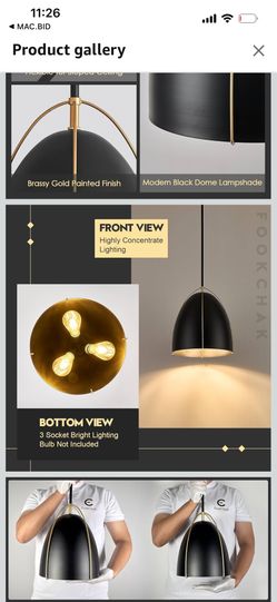 Black Dome Pendant Light 3 Light Socket Large Pendant Light Fixture with Adjustable Pendant Rod 12in Black Gold Pendant Lighting for Kitchen Island Di