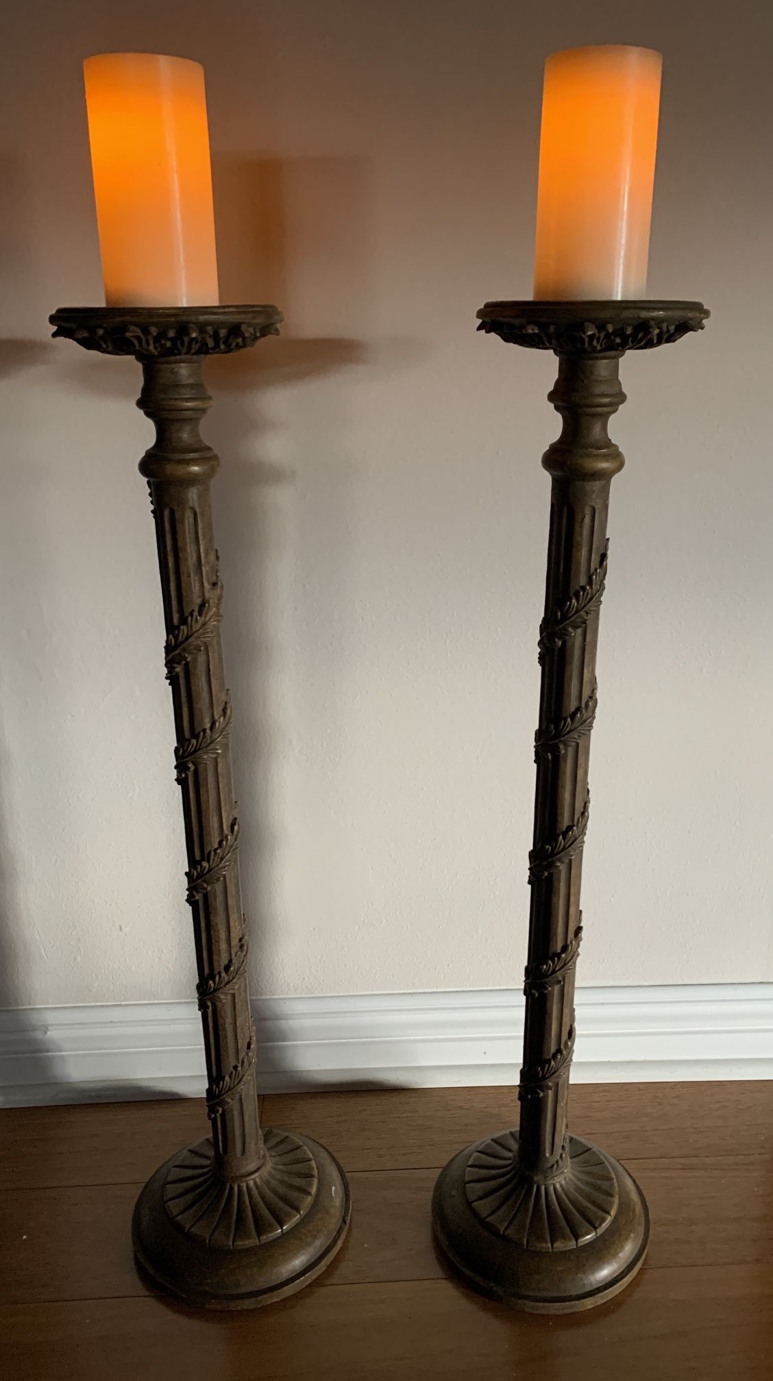 Pair Heavy Metal 31” Tall Candlesticks Tarnished Patina Oxidation