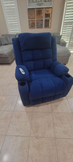 Blue power lift recliner with cup holders