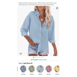 Brand new Size S = (US 4-6) Womens Button Down Shirts Cotton Dress Shirts Long Sleeve Blouses V Neck Solid Casual Tunics Tops with Pockets - Light Blu