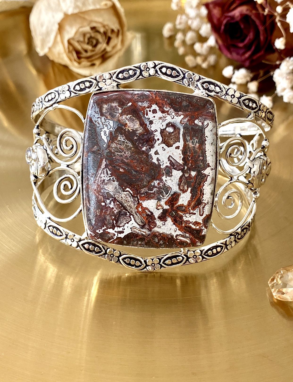 Mexican Laguna Lace Agate 925 Sterling Silver Overlay Adjustable Cuff