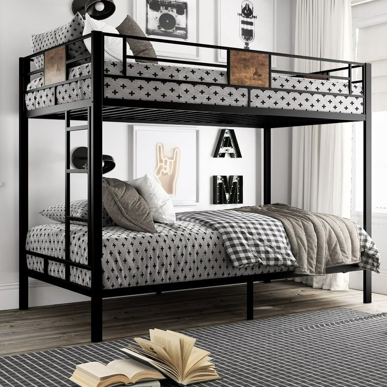 Twin Over Twin Size Bunk Bed Frame with Stairs & Full-Length Guardrail, Black