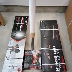 Olympic Weights, Bench, Power Rack And 45lb Barbell